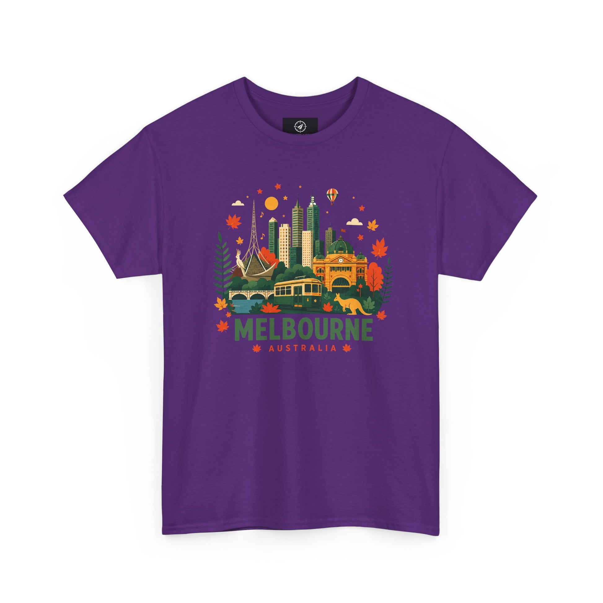 Melbourne skyline t-shirt in purple, front graphic city skyline with “Melbourne Australia” text
