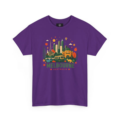 Melbourne skyline t-shirt in purple, front graphic city skyline with “Melbourne Australia” text