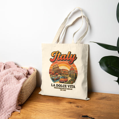 Natural canvas tote bag with front Italy graphic and long fabric handles