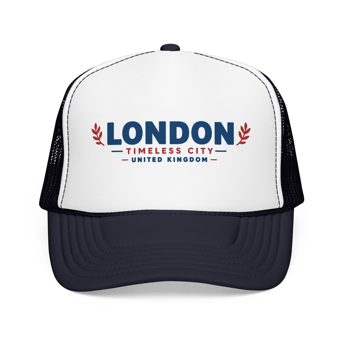 Two-tone foam trucker hat with London logo, white crown and dark mesh sides, curved dark bill.