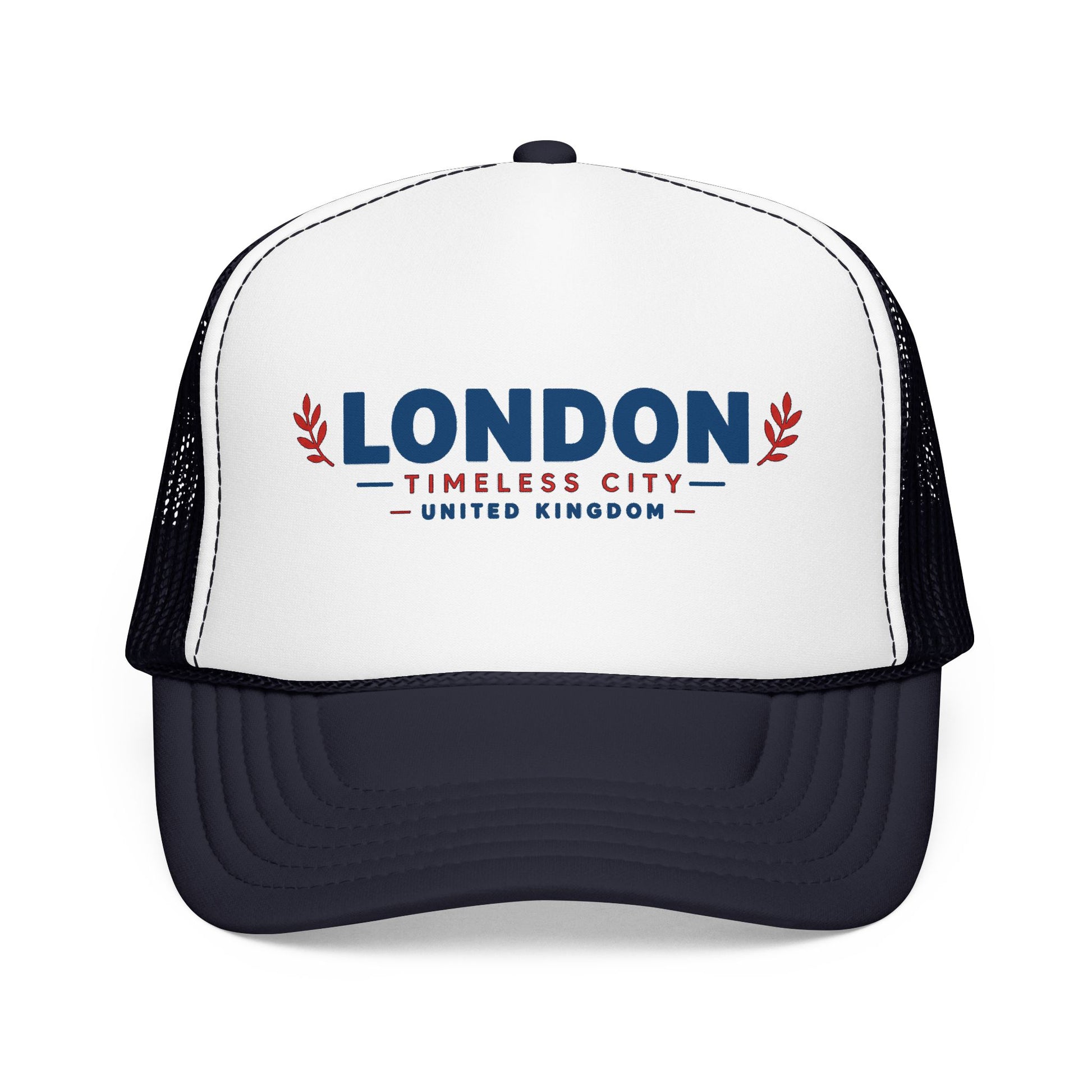 Two-tone foam trucker hat with London logo, white crown and dark mesh sides, curved dark bill.