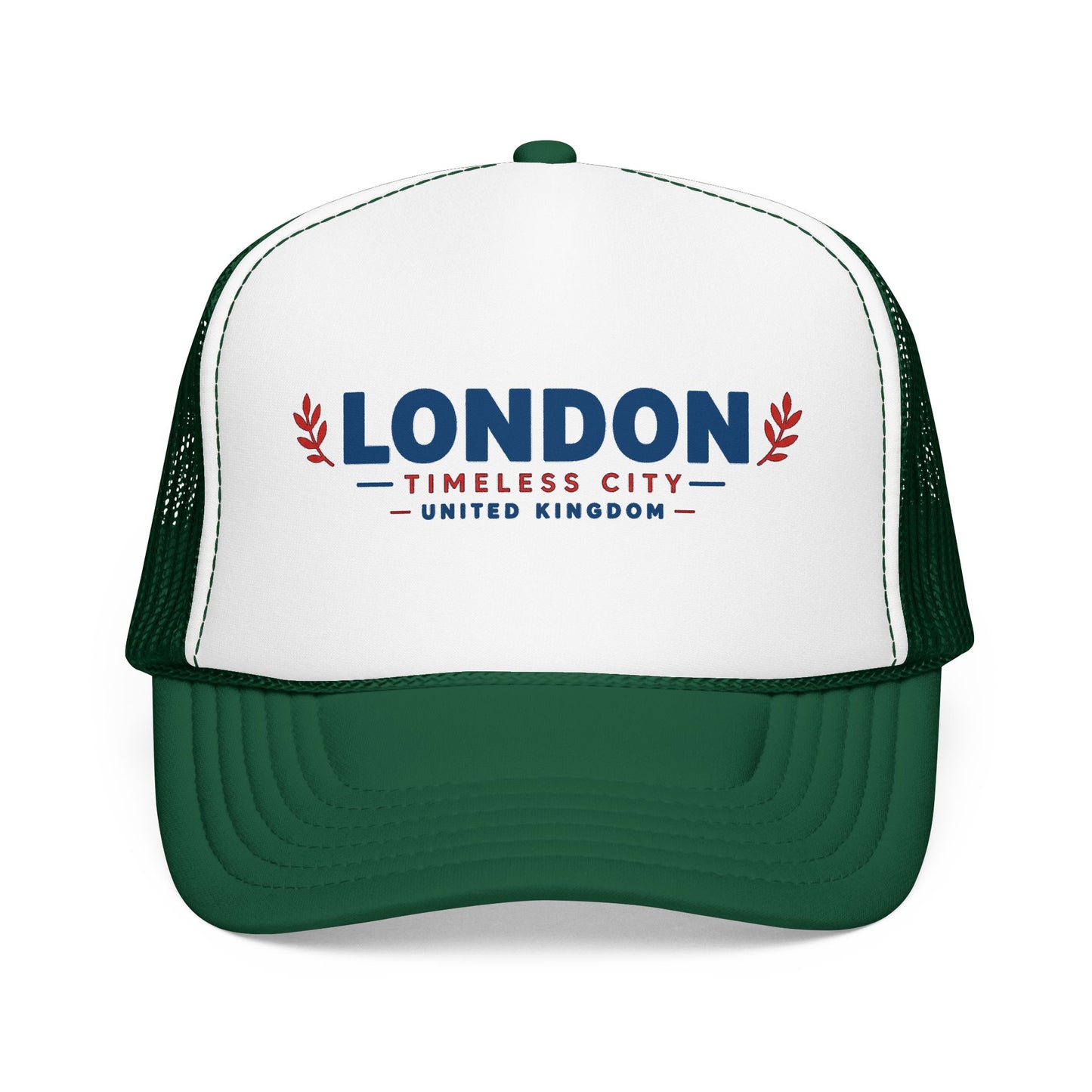 Two-tone foam trucker hat with London logo, white crown and dark green mesh panels, green underbill.