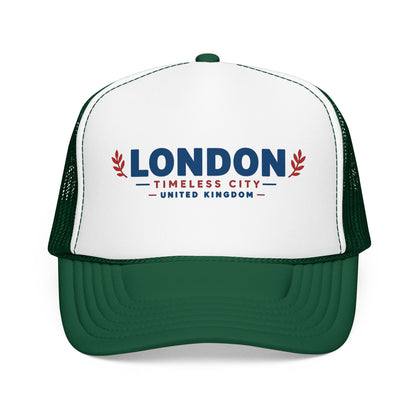 Two-tone foam trucker hat with London logo, white crown and dark green mesh panels, green underbill.