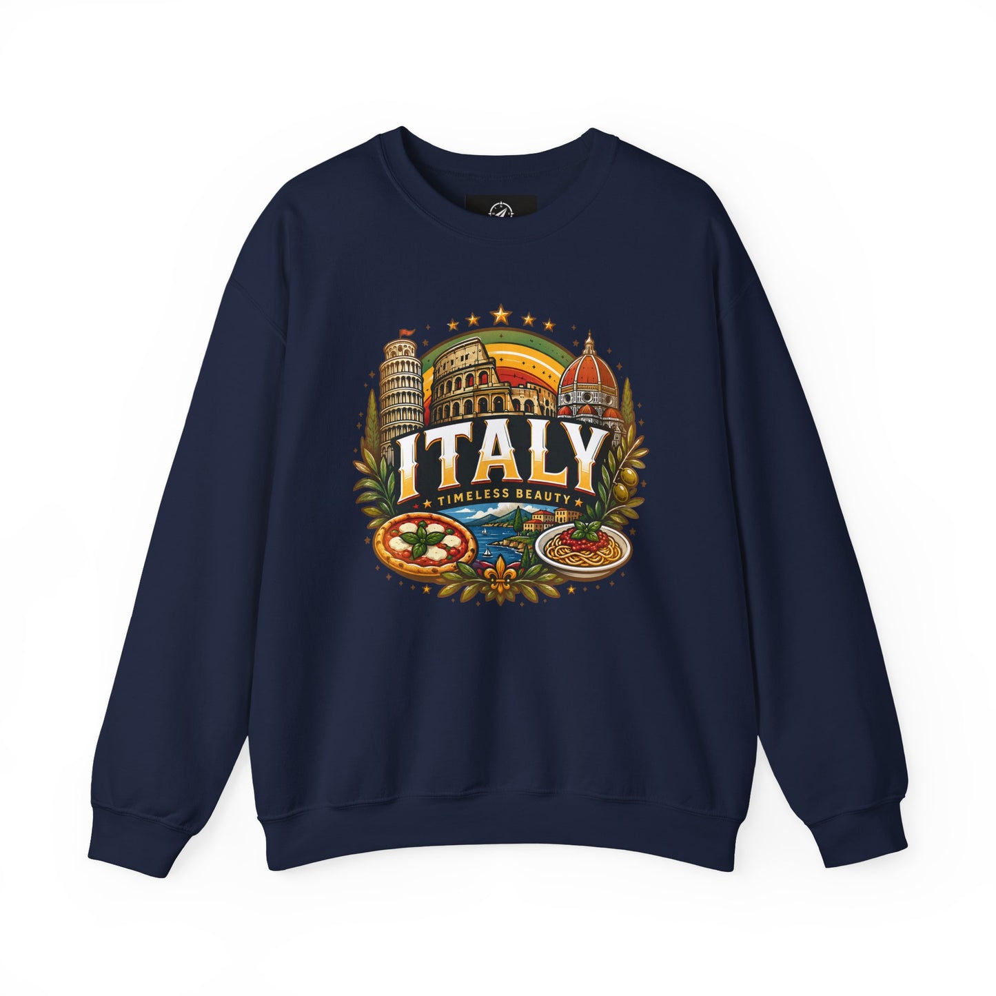 Navy crewneck sweatshirt with colorful Italy emblem graphic