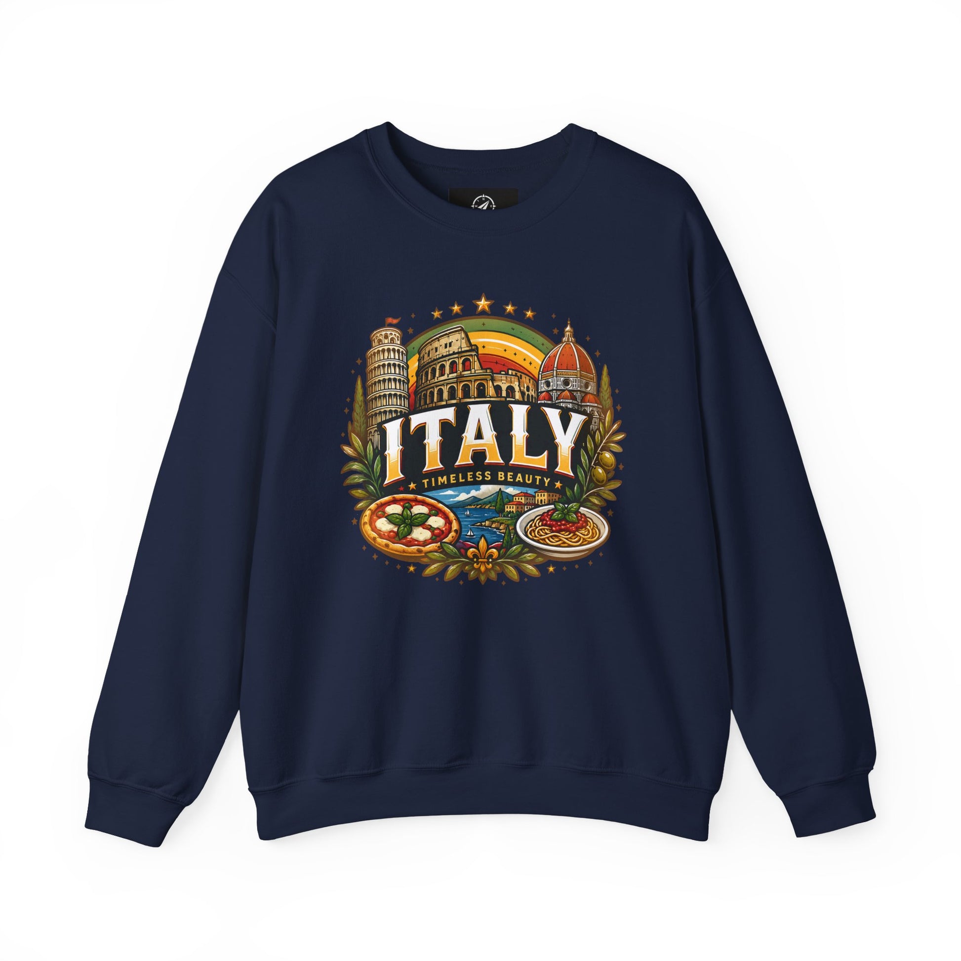 Navy crewneck sweatshirt with colorful Italy emblem graphic