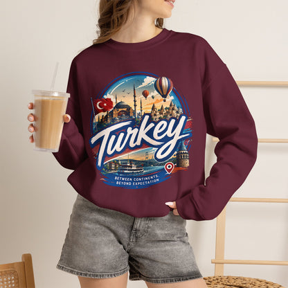 Maroon crewneck sweatshirt with Turkey graphic, worn on model