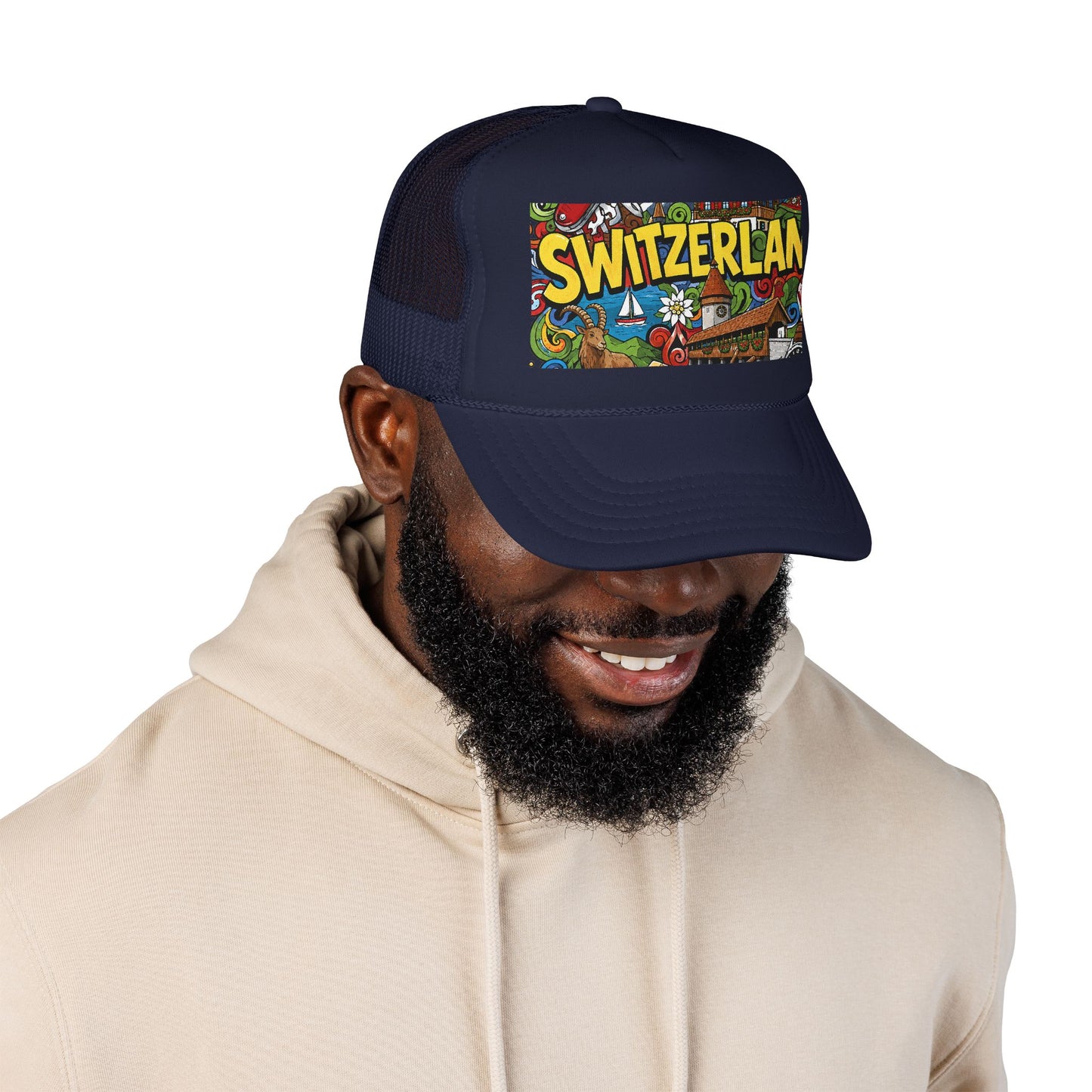 Navy trucker hat with colorful Switzerland doodle graphic front panel