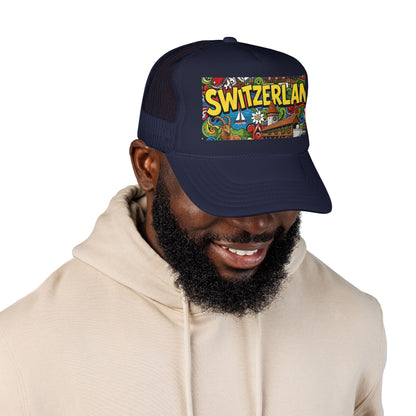 Navy trucker hat with colorful Switzerland doodle graphic front panel