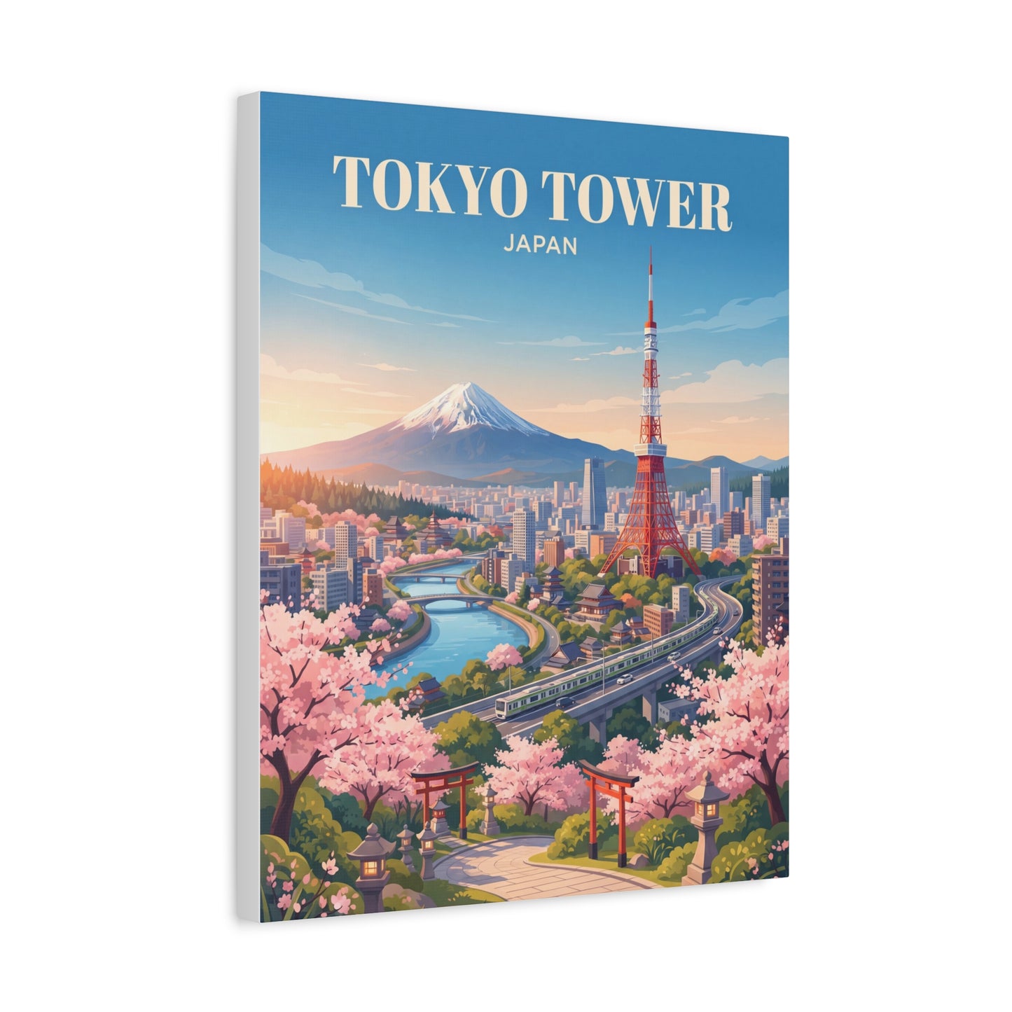 Matte canvas print showing Tokyo Tower, Mount Fuji, city skyline, and cherry blossoms