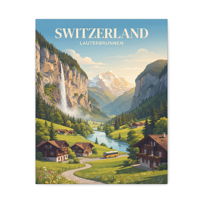 Canvas wall art of Swiss valley landscape with mountains, river, village houses, and train