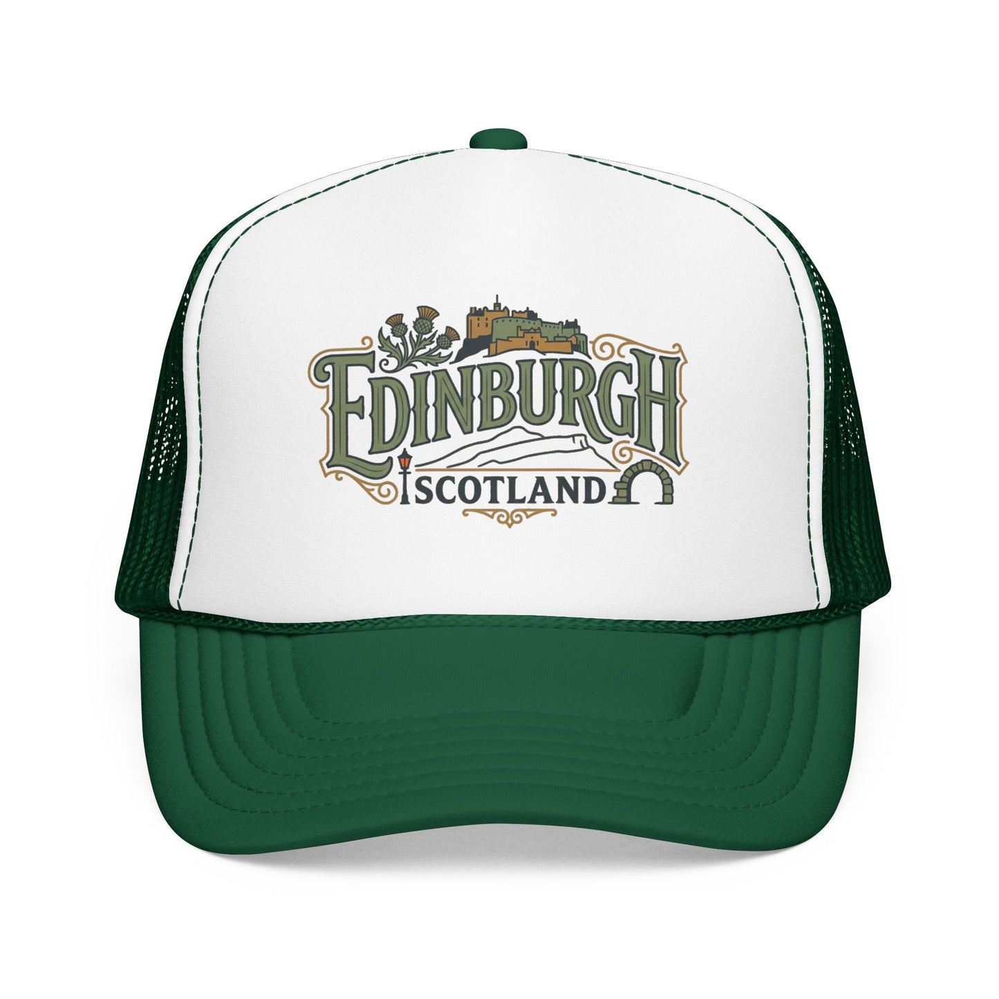 White and dark green trucker hat with Edinburgh Scotland logo