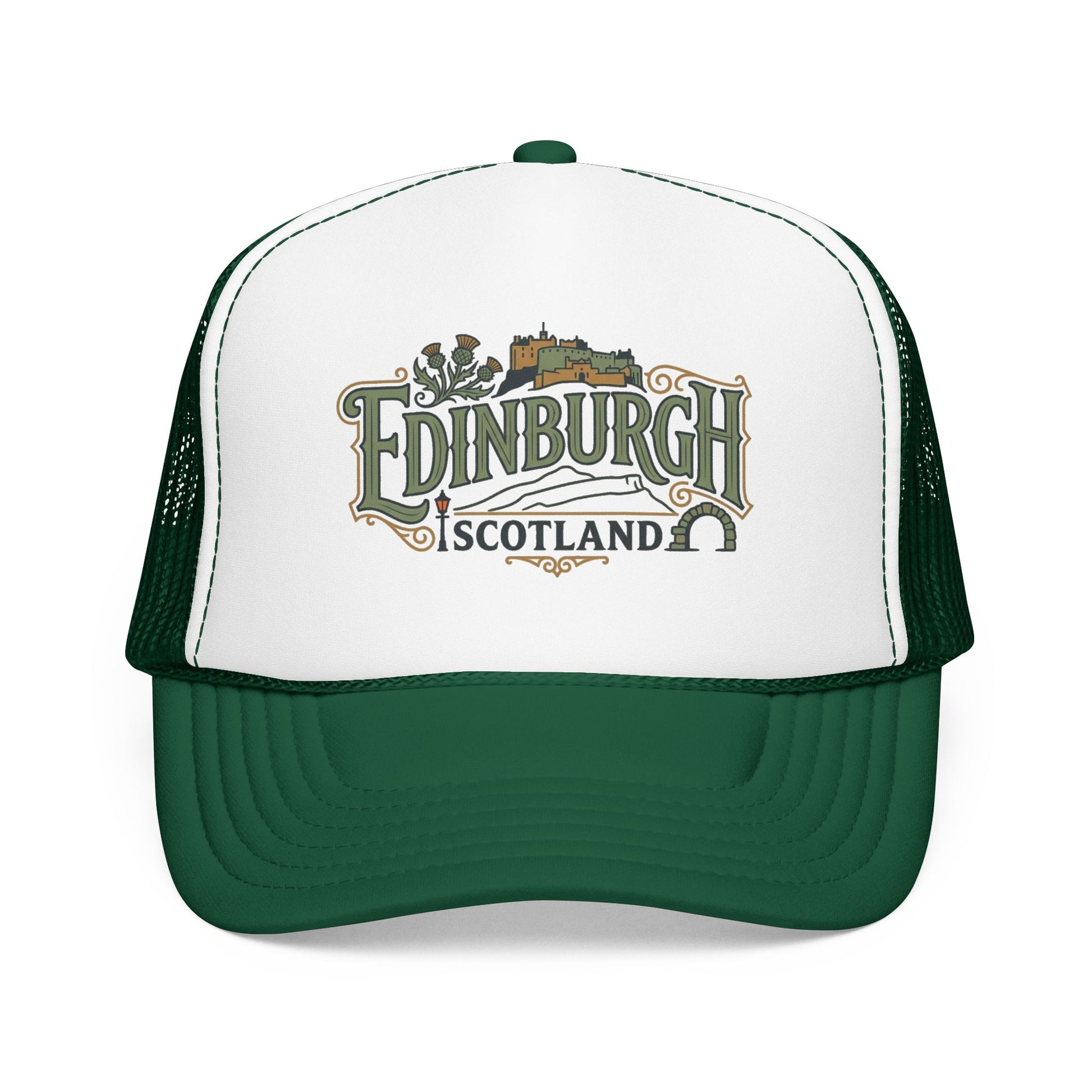 White and dark green trucker hat with Edinburgh Scotland logo