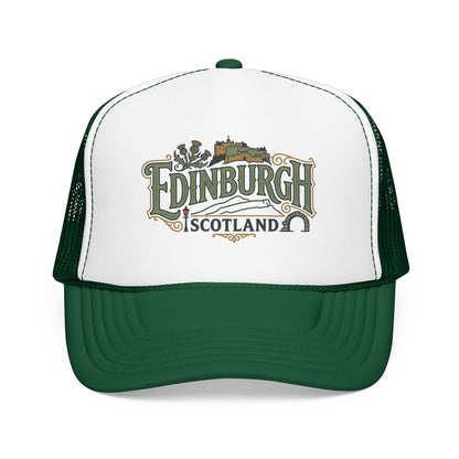 White and dark green trucker hat with Edinburgh Scotland logo