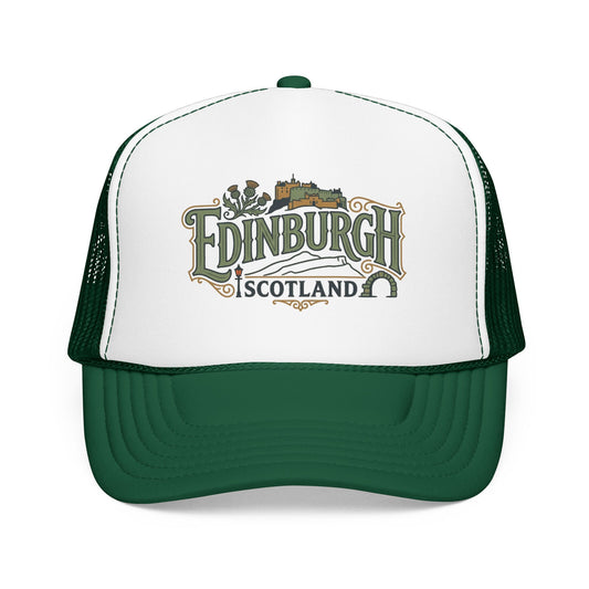 White and dark green trucker hat with Edinburgh Scotland logo