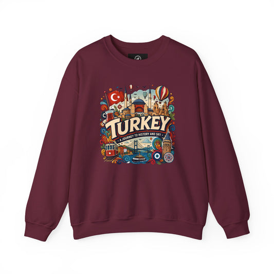 Maroon crewneck sweatshirt with colorful Turkey travel graphic on chest
