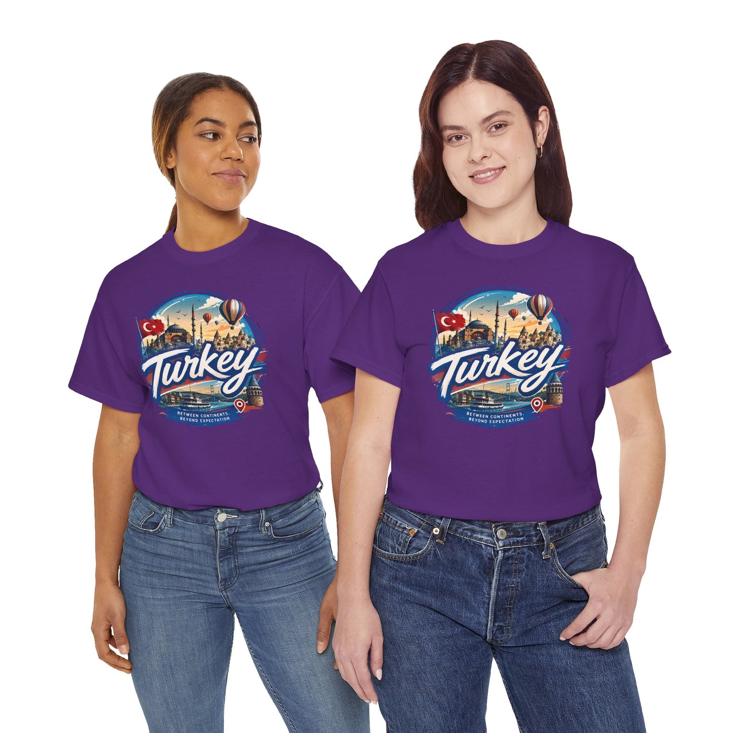 Purple graphic Turkey T-shirt with colorful chest print on two models