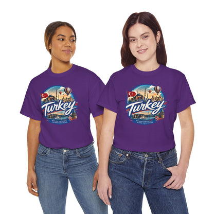Purple graphic Turkey T-shirt with colorful chest print on two models
