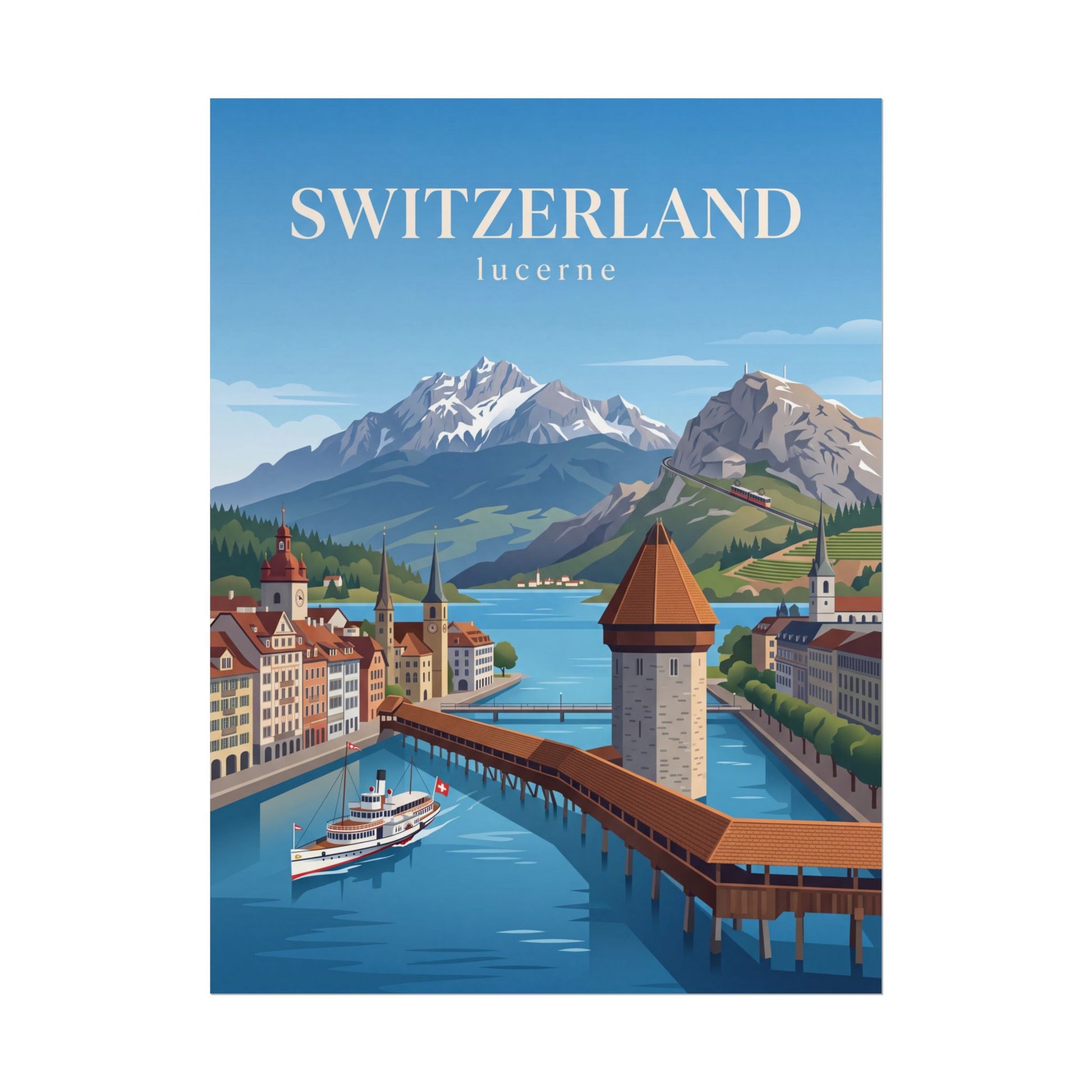 Lucerne Switzerland rolled poster with blue lake, alpine peaks, and canal bridge