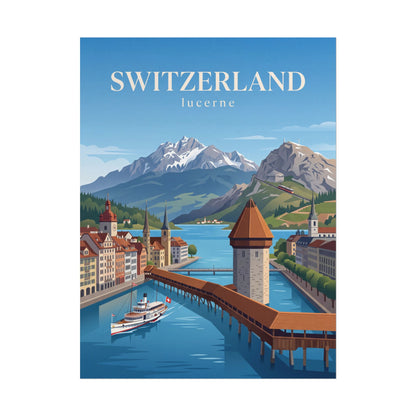 Lucerne Switzerland rolled poster with blue lake, alpine peaks, and canal bridge