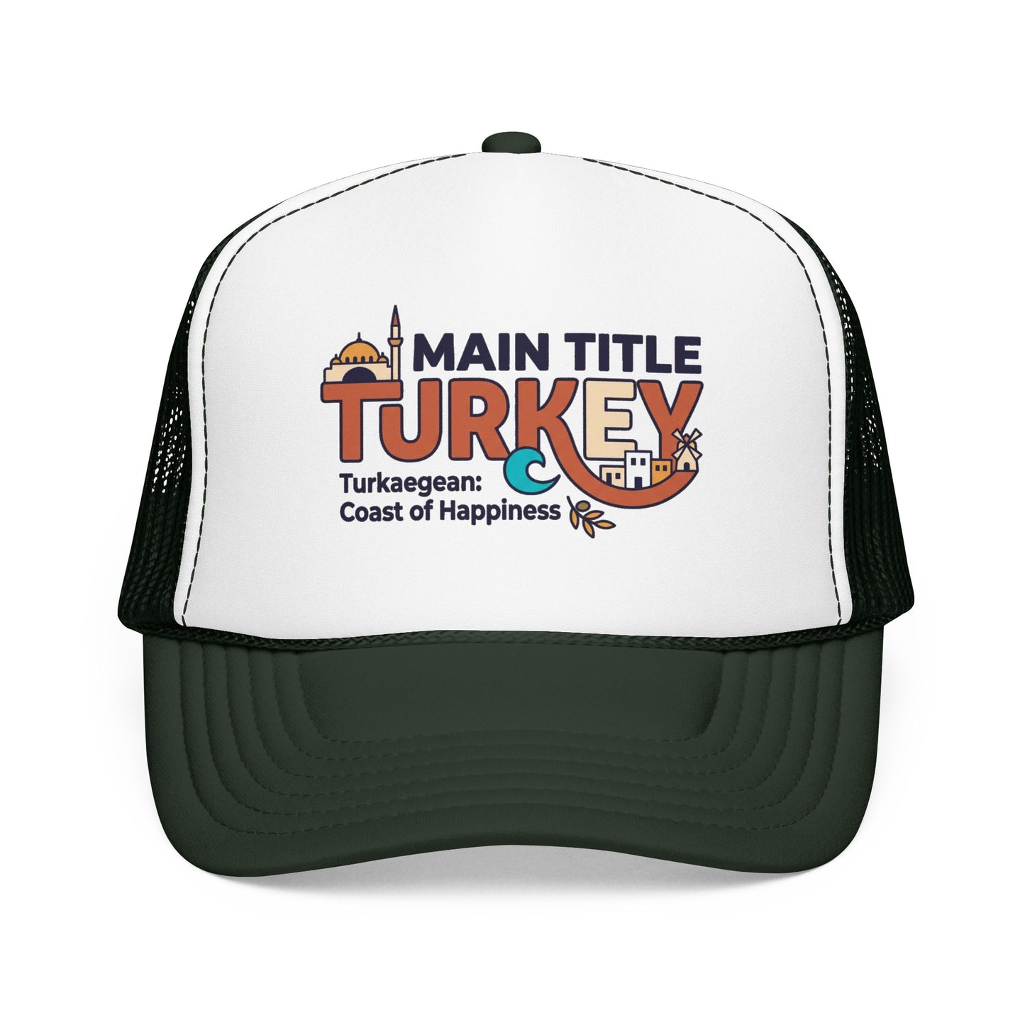 White foam trucker hat with dark green brim and black mesh sides, front Turkey logo.