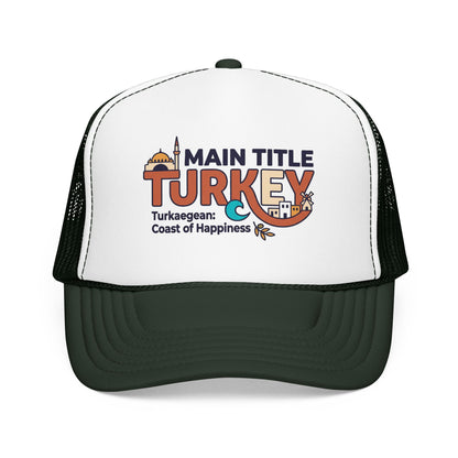 White foam trucker hat with dark green brim and black mesh sides, front Turkey logo.