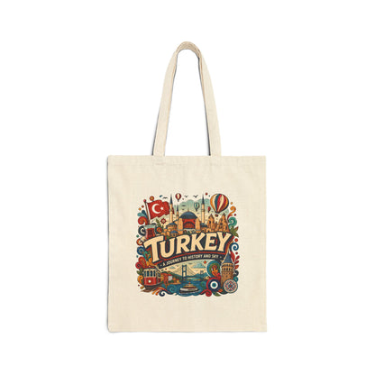 Natural canvas tote bag with colorful Turkey travel graphic and long handles