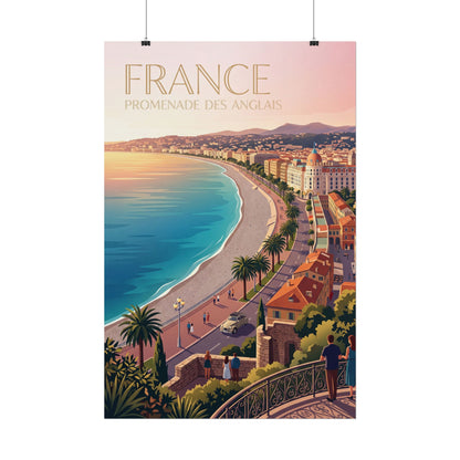 Rolled France coastal promenade poster with coastline, palm trees, and street