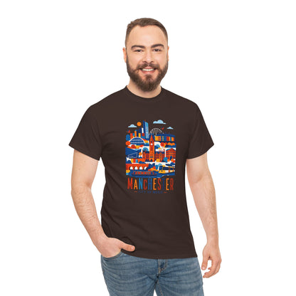 Dark T-shirt with Manchester skyline graphic, worn by a smiling man