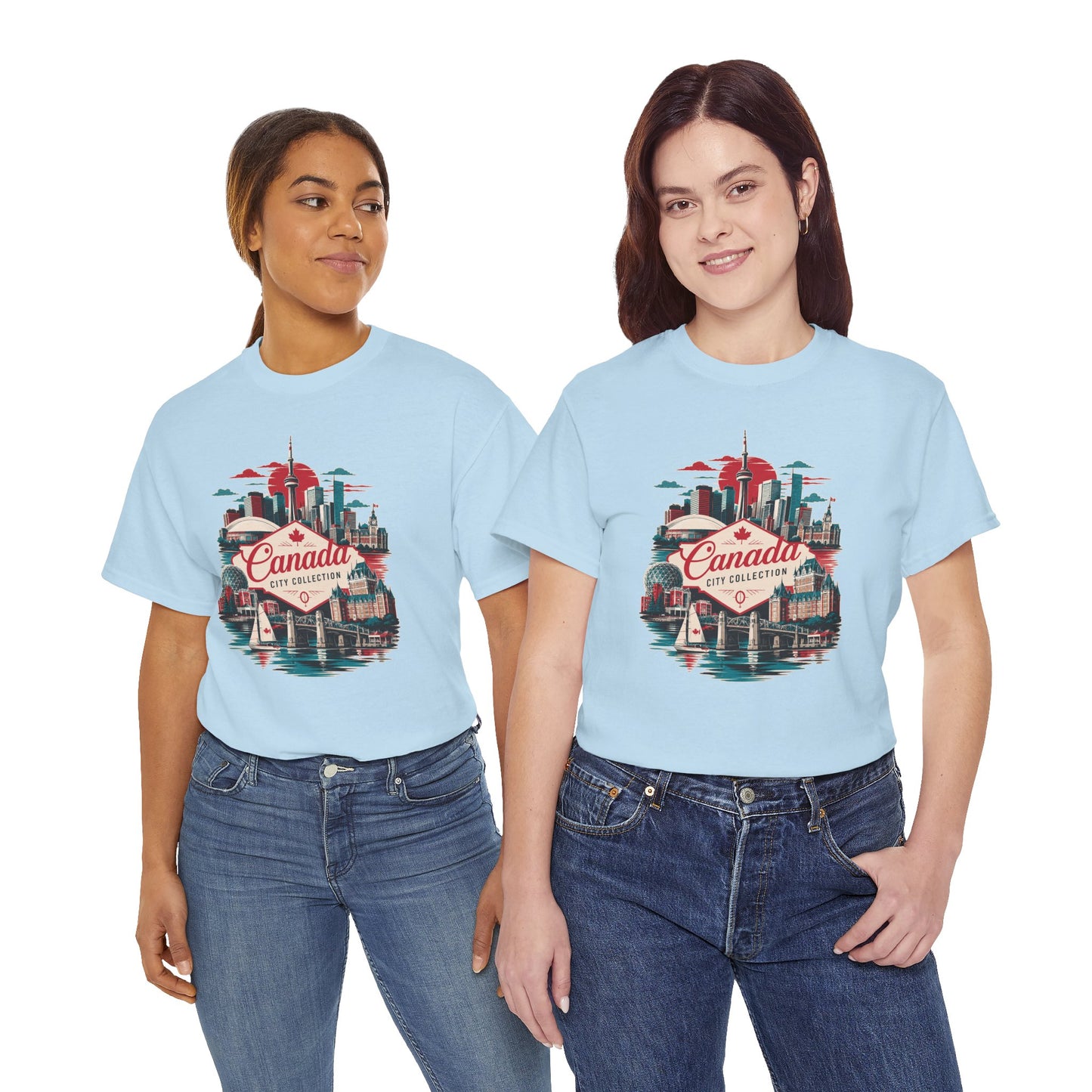 Light blue crewneck T-shirt with retro Toronto skyline and Canada “City Collection” graphic