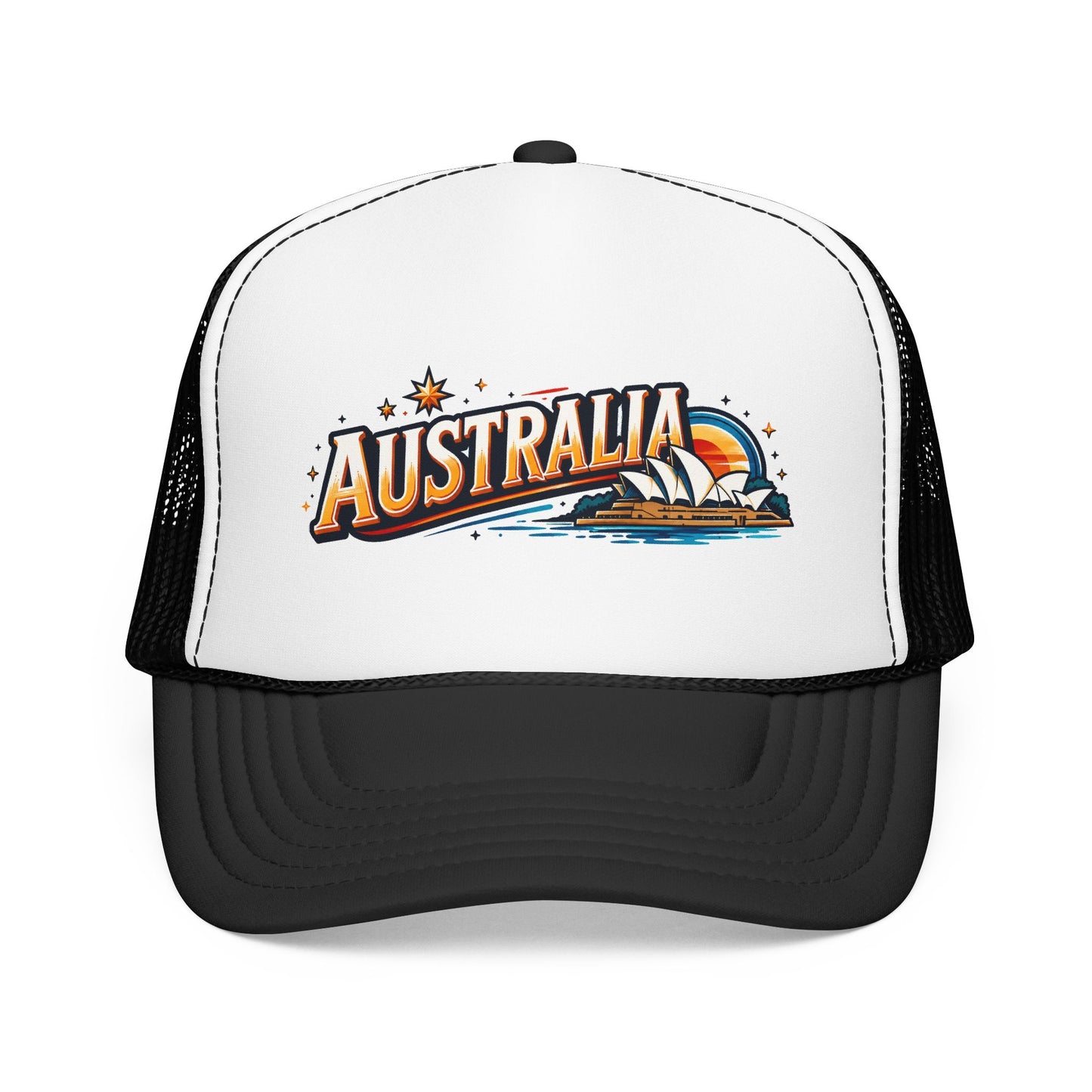 White front and black mesh trucker cap with Australia graphic and curved brim