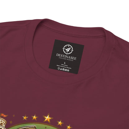 Maroon crewneck T-shirt back close-up with logo label and star accents