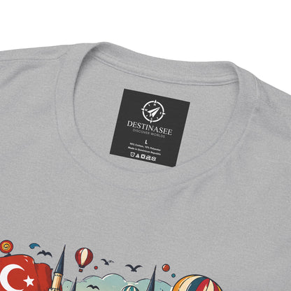 Light gray graphic T-shirt close-up showing front print detail near collar area