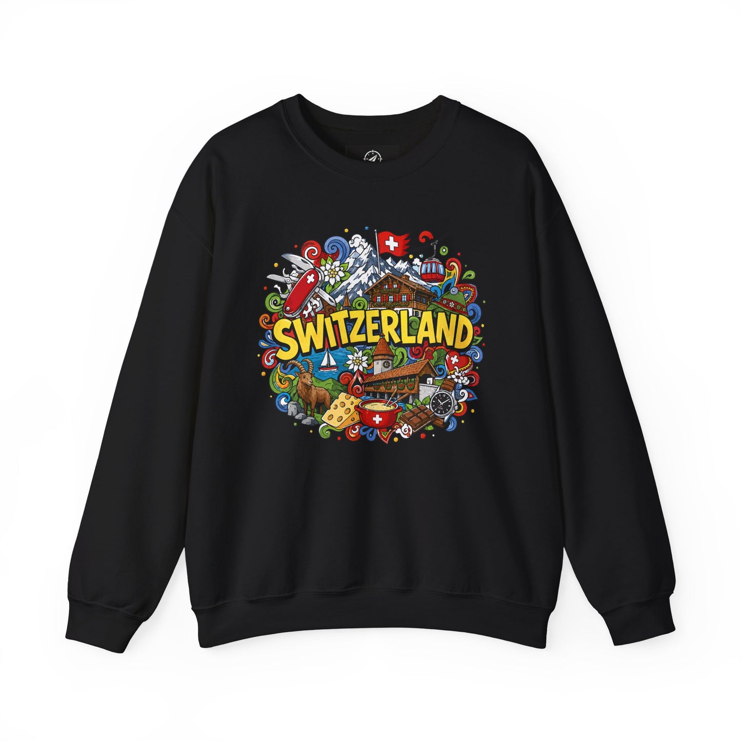 Black crewneck sweatshirt with colorful Switzerland graphic on the front