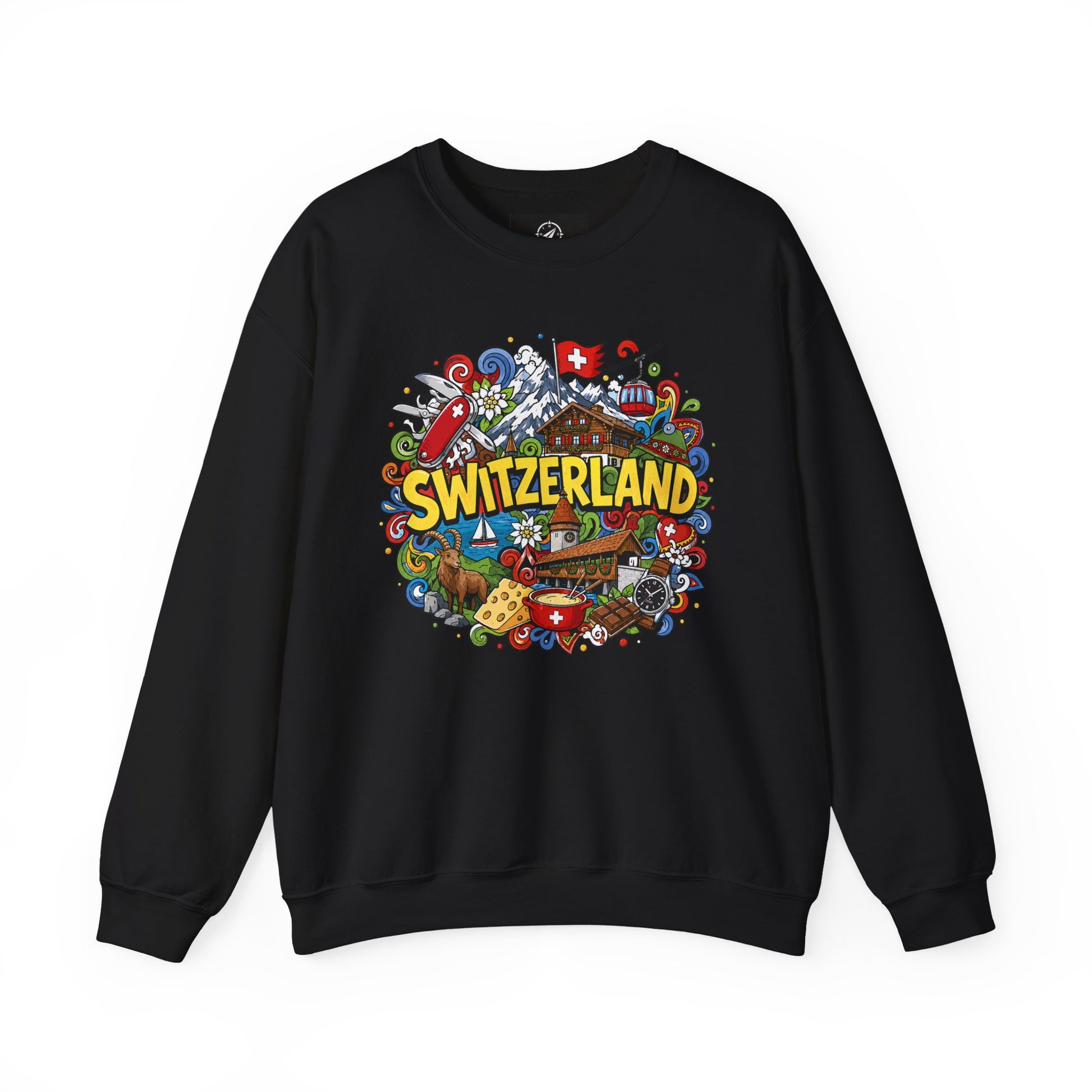 Black crewneck sweatshirt with colorful Switzerland graphic on the front
