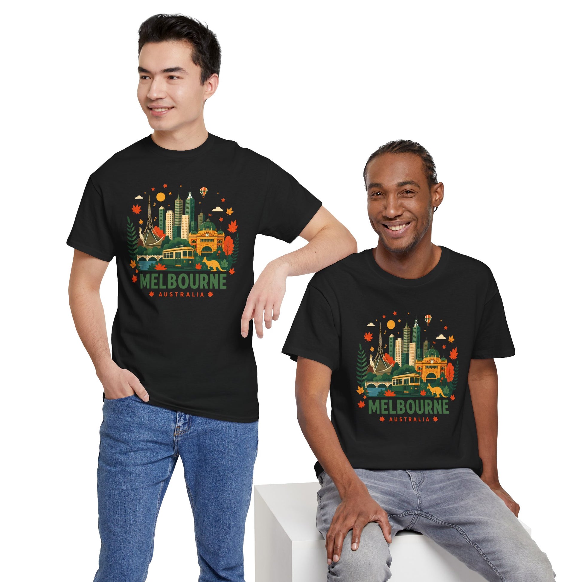 Black crew-neck T-shirt with Melbourne skyline graphic, worn by two people.