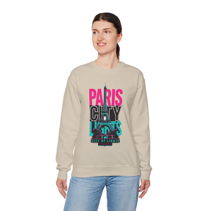 Sand crewneck sweatshirt with colorful "PARIS CITY" Eiffel Tower graphic on front