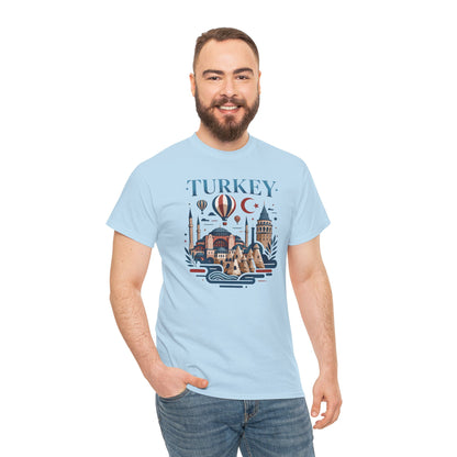 Light blue T-shirt with “TURKEY” skyline graphic and hot air balloon design on front