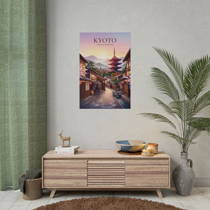 Rolled poster centered above cabinet: Kyoto street scene with Yasaka Pagoda at sunset, text visible.