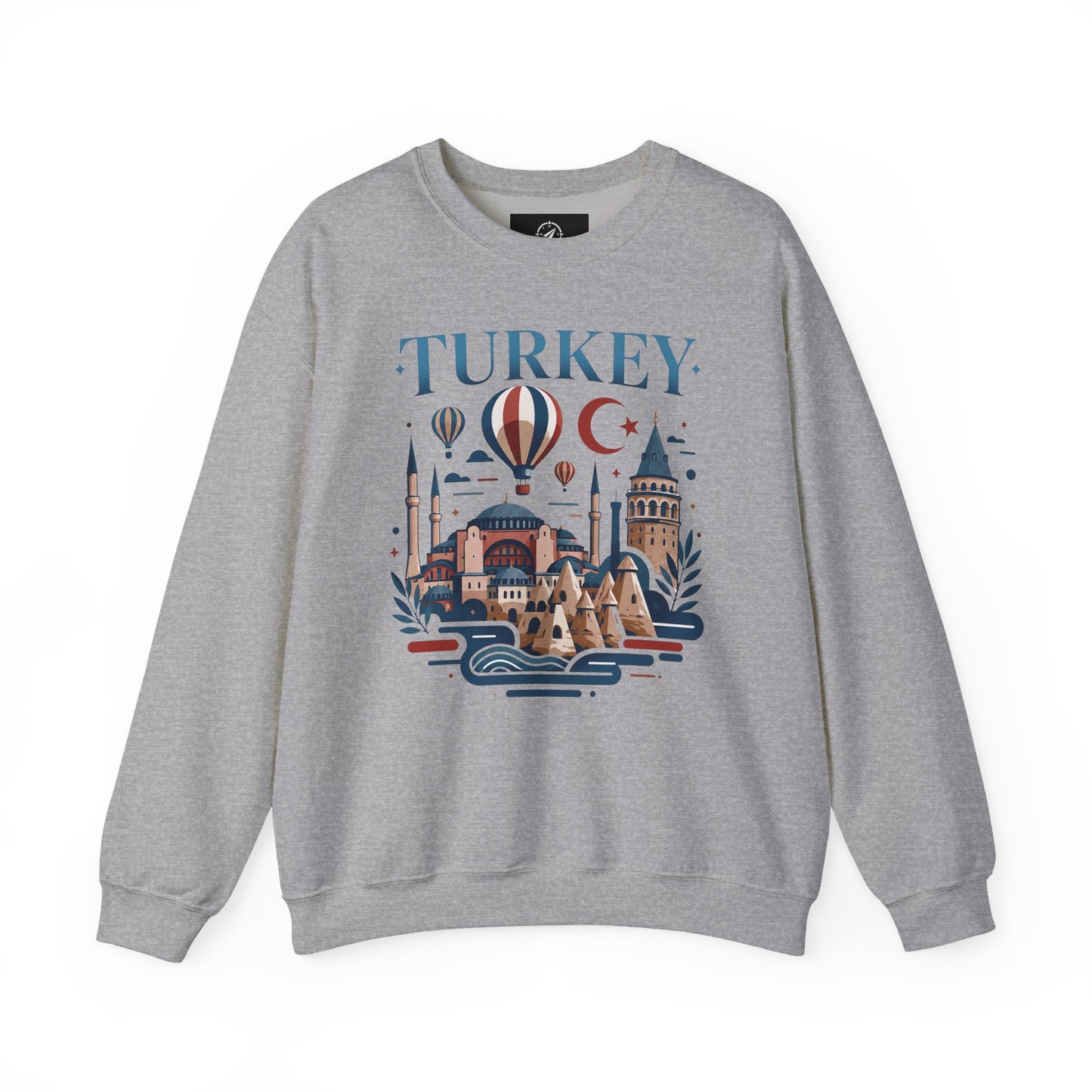 Light gray turkey travel sweatshirt with long sleeves and colorful front graphic
