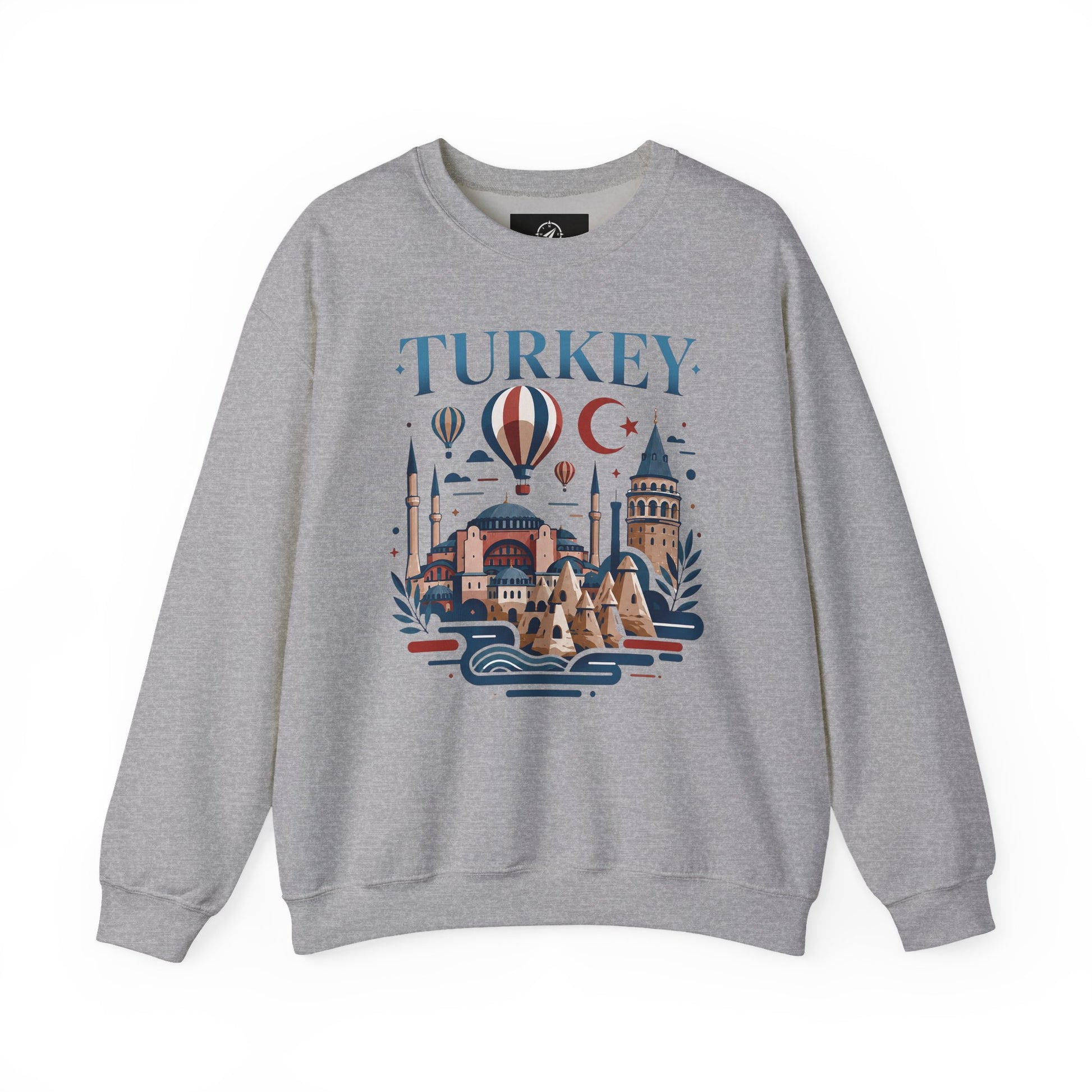Light gray turkey travel sweatshirt with long sleeves and colorful front graphic