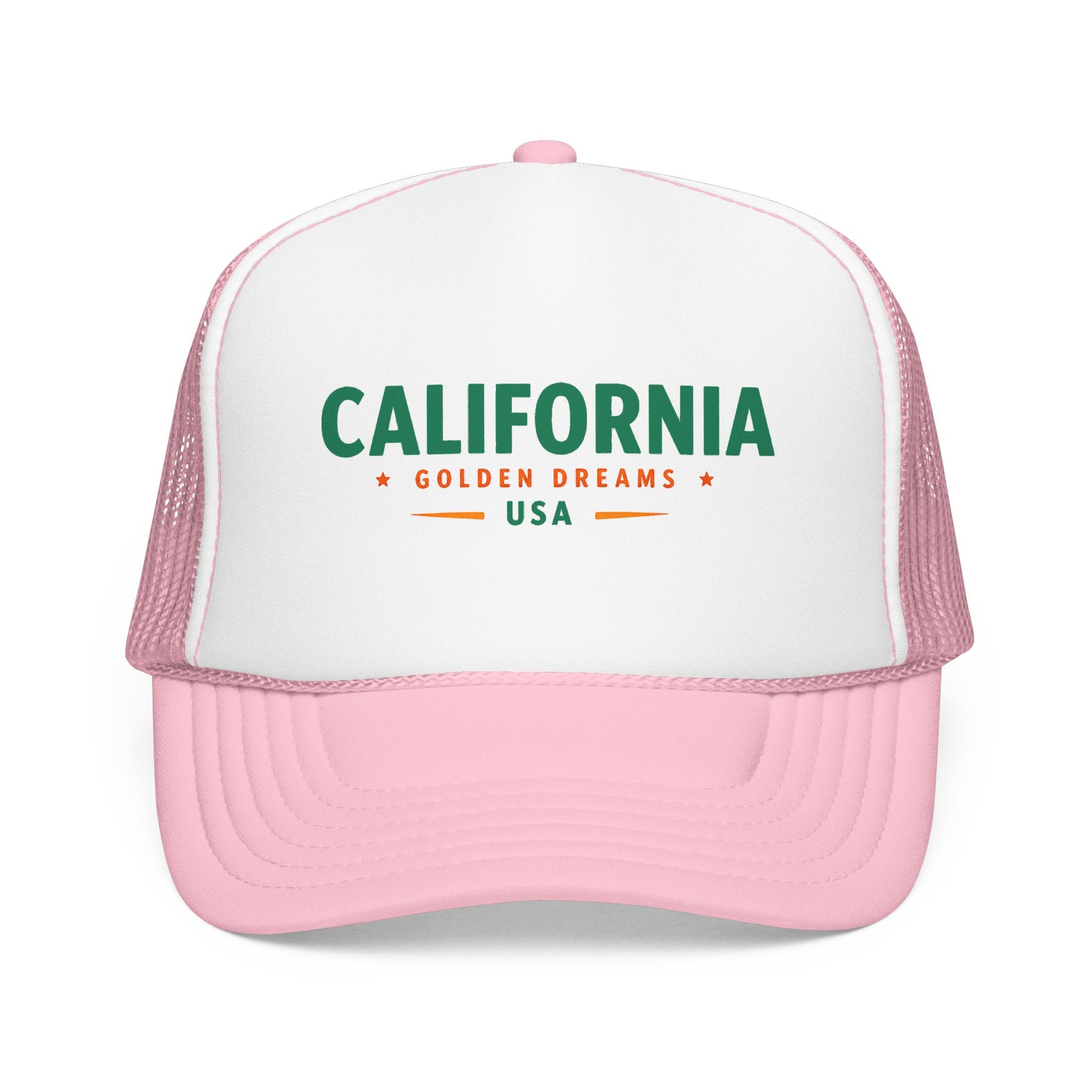 Two-tone trucker hat with white front, light pink mesh sides, and green “California” logo