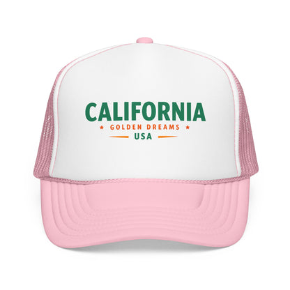 Two-tone trucker hat with white front, light pink mesh sides, and green “California” logo