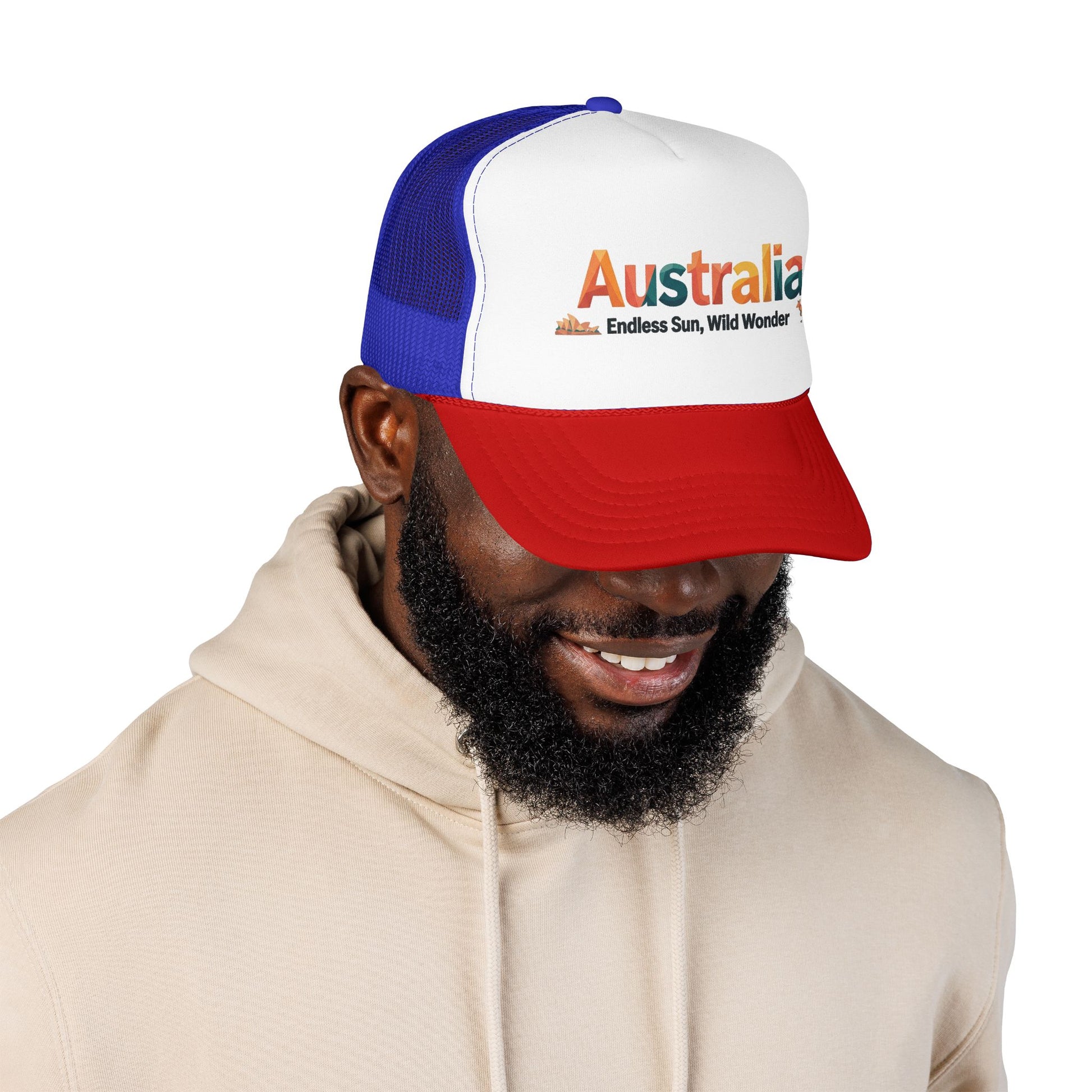 Blue and white trucker cap with red brim; embroidered “Australia” graphic on front.