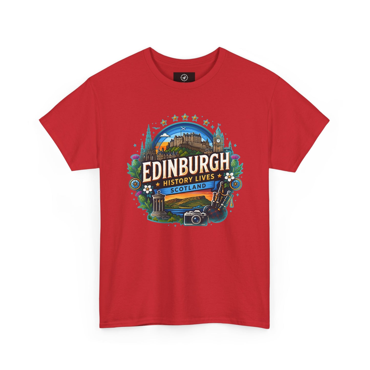 Red crew-neck travel T-shirt with colorful Edinburgh graphic on the front