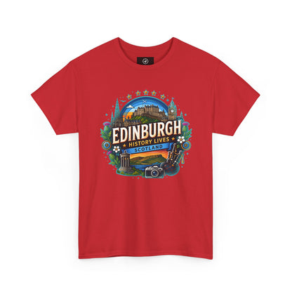 Red crew-neck travel T-shirt with colorful Edinburgh graphic on the front