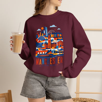 Maroon crewneck sweatshirt with Manchester cityscape graphic print on the front