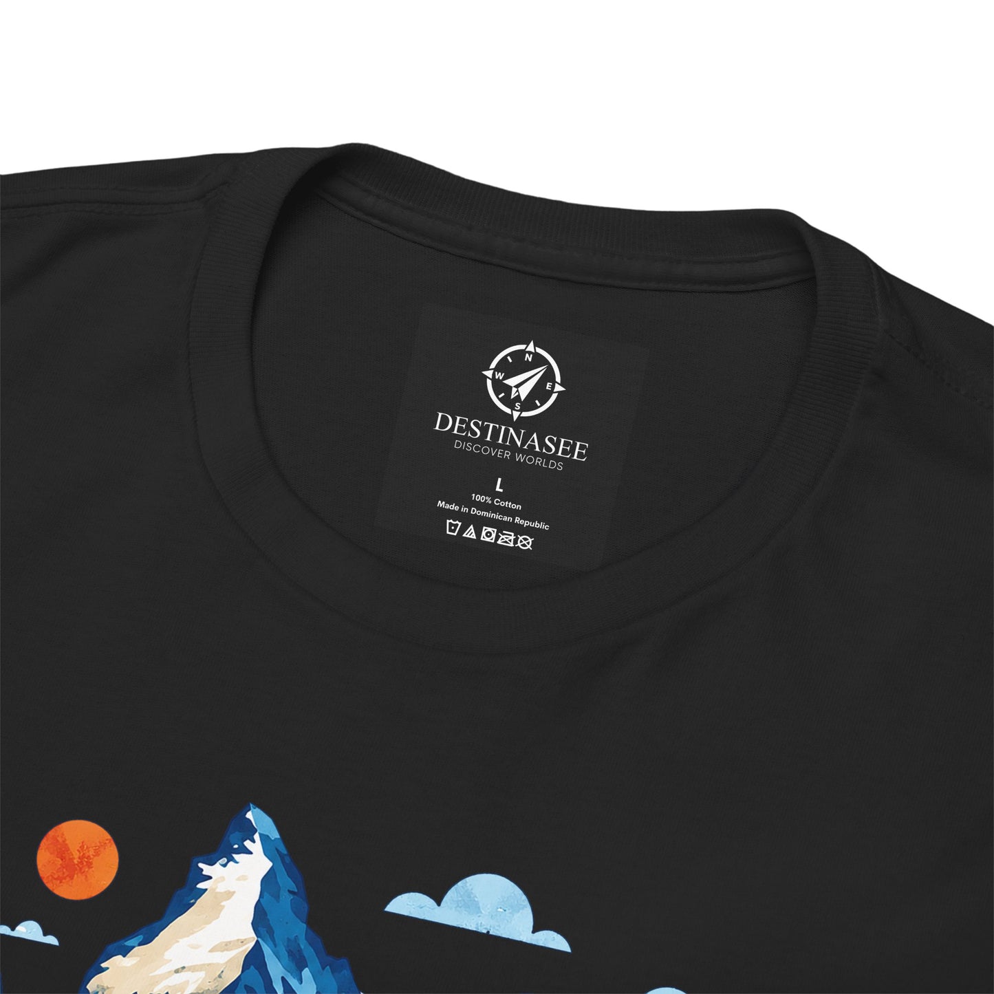 Black T-shirt close-up: small chest label and part of the Switzerland graphic