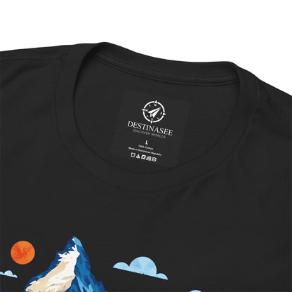 Black T-shirt close-up: small chest label and part of the Switzerland graphic