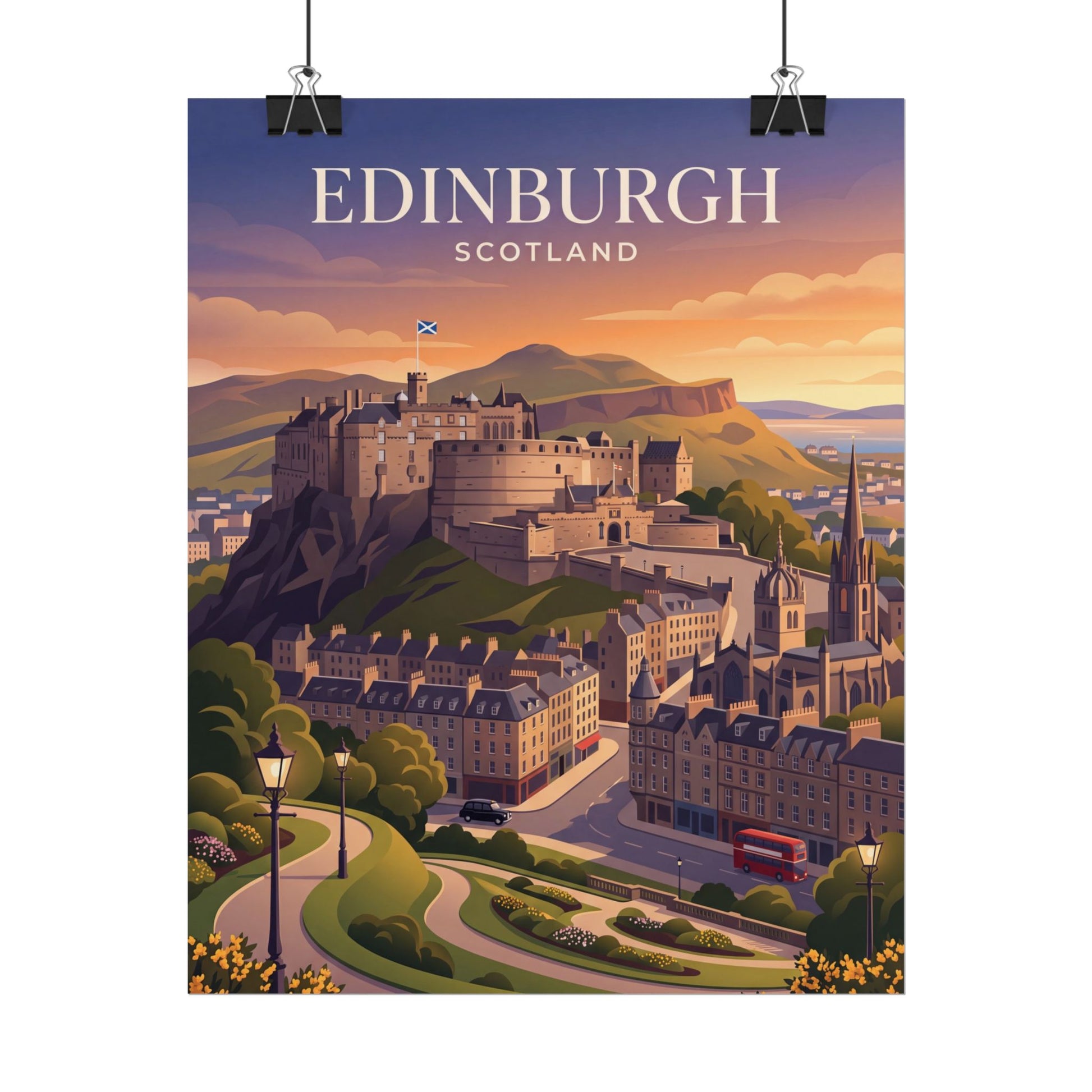 Vertical Edinburgh Scotland poster with castle skyline, sunset sky, and title text
