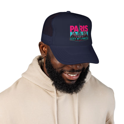 Navy trucker hat with mesh back and front 'PARIS' graphic, City of Lights design